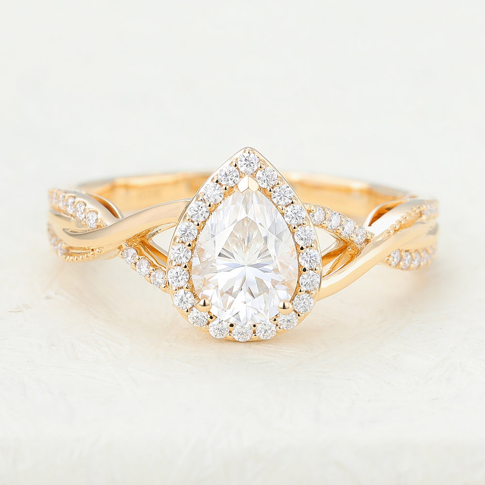 0.43 CT Pear Shaped Moissanite Halo & Twisted Pave Engagement Ring