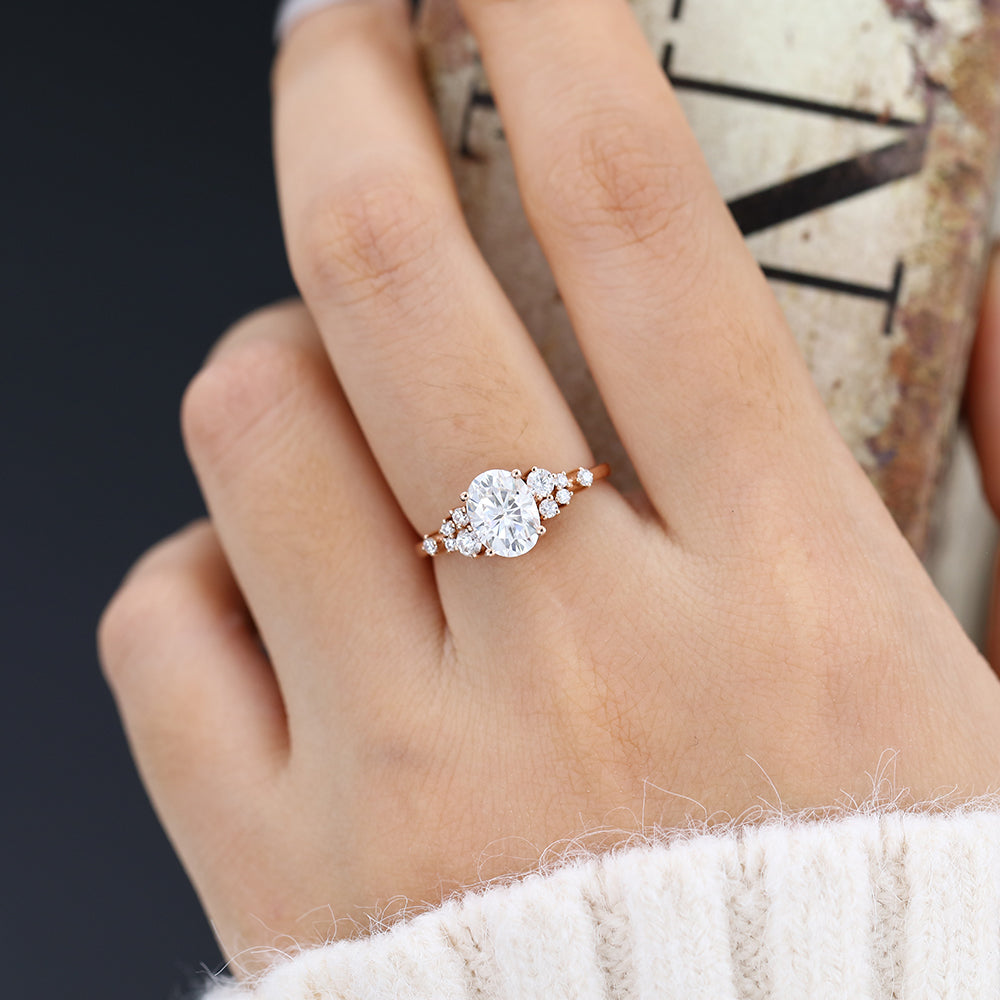 1.33 CT Oval Shaped Moissanite Cluster Engagement Ring