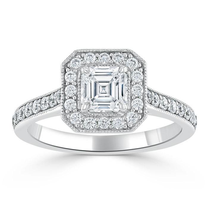 1.05 CT Asscher Cut Halo Pave Setting Moissanite Engagement Ring