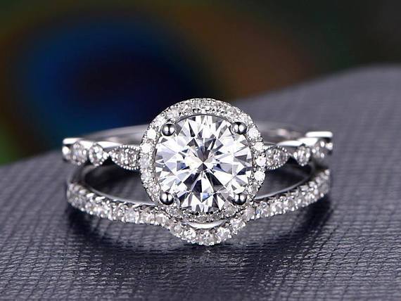 1.5 CT Round Cut Halo Pave Setting Moissanite Bridal Ring Set