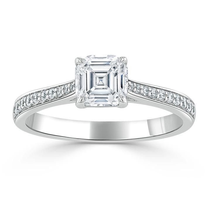 1.0 CT Asscher Cut Solitaire Moissanite Engagement Ring With Chanel Pave Setting