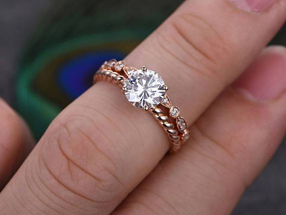 0.75 CT Round Solitaire Twisted Pave Moissanite Bridal Ring Set