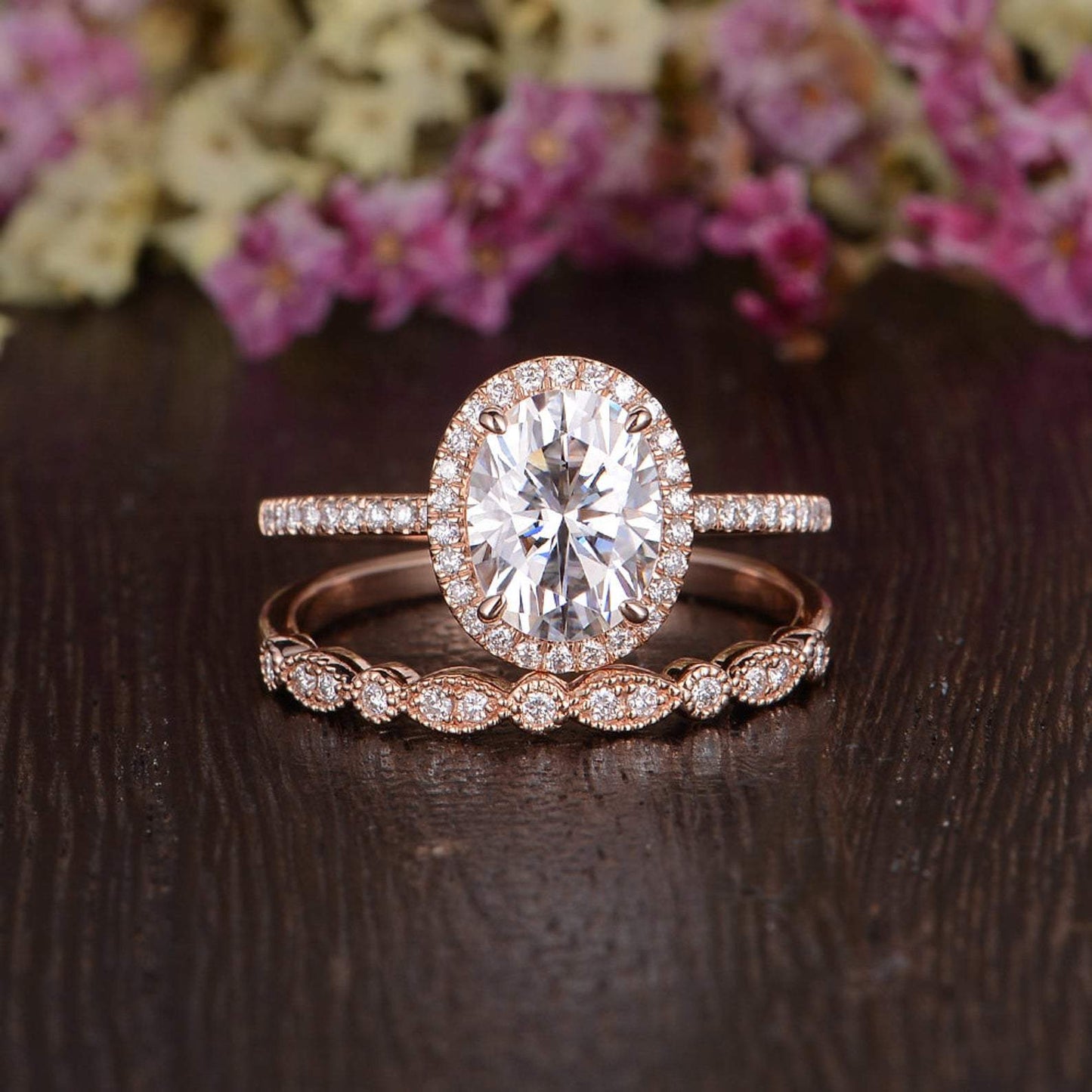 1.50 CT Oval Cut Halo Moissanite Bridal Ring Set