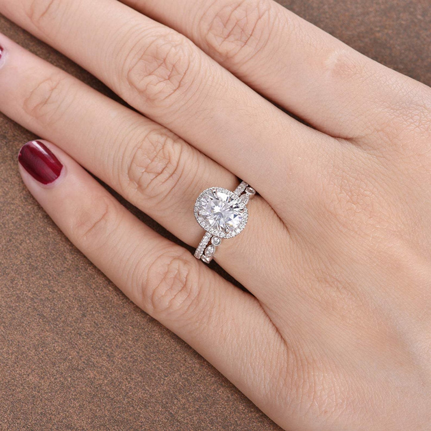 1.50 CT Oval Cut Halo Moissanite Bridal Ring Set