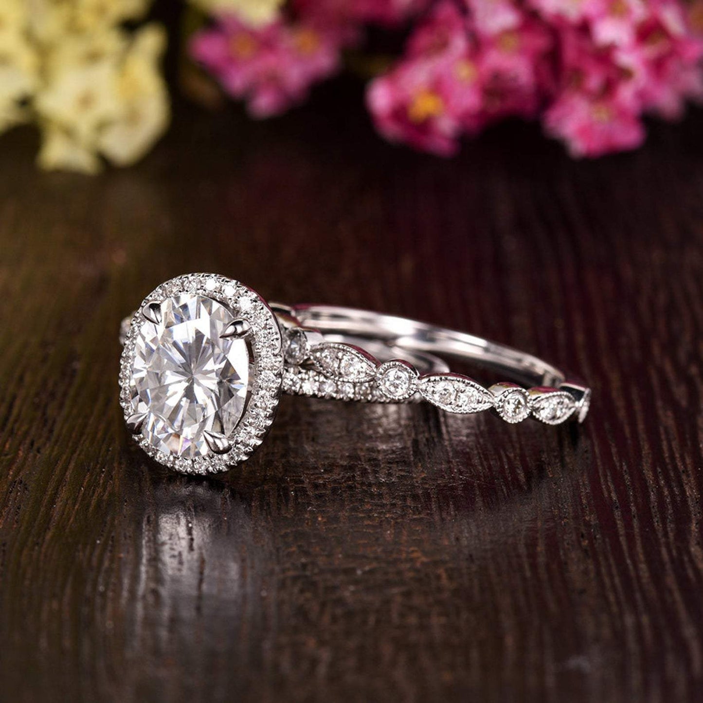 1.50 CT Oval Cut Halo Moissanite Bridal Ring Set