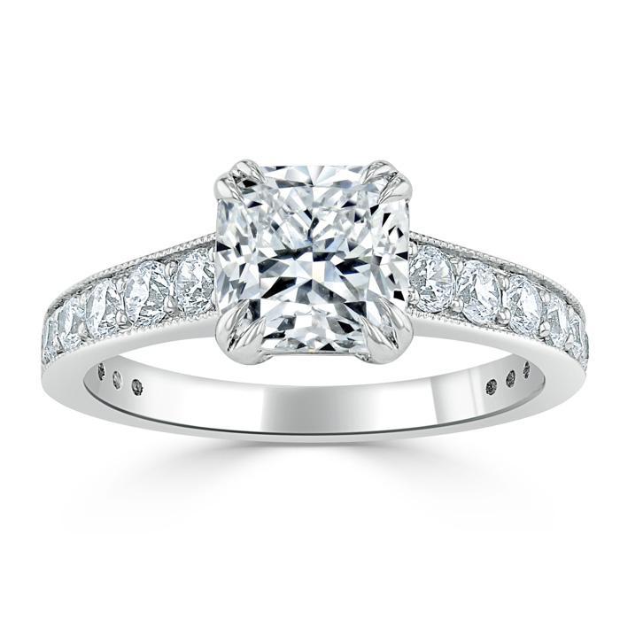 1.5 CT Cushion Cut Solitaire Channel Pave Moissanite Engagement Ring