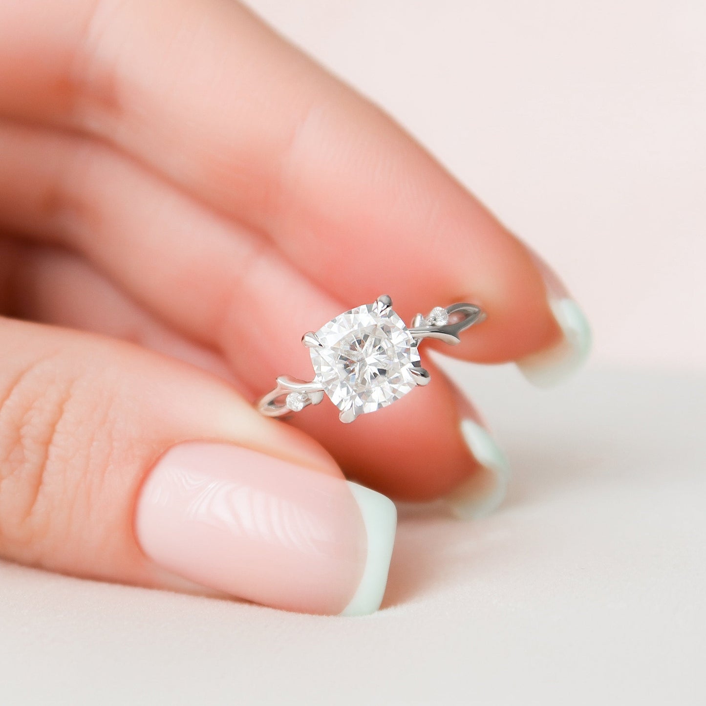 2.0 CT Cushion Twig Style Moissanite Engagement Ring