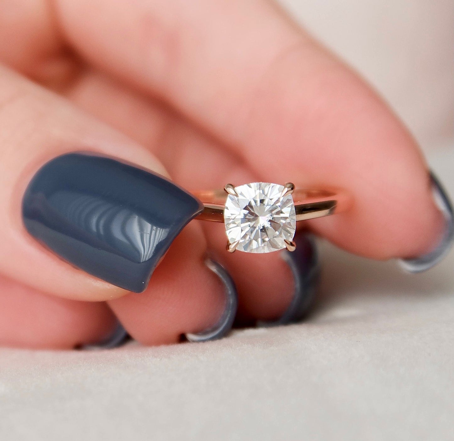 2.0 CT Cushion Hidden Halo & Solitaire Moissanite Engagement Ring