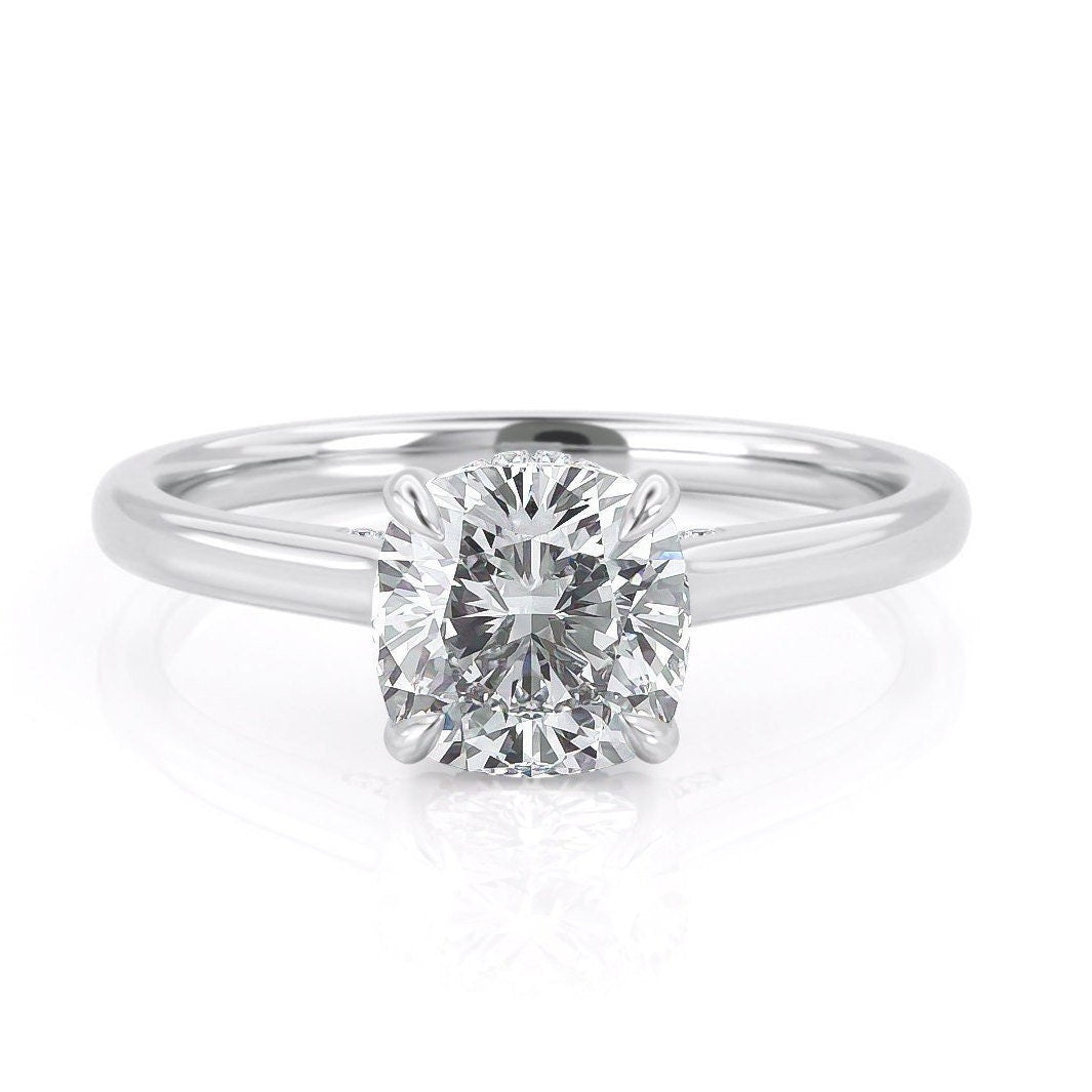 2.0 CT Cushion Hidden Halo & Solitaire Moissanite Engagement Ring