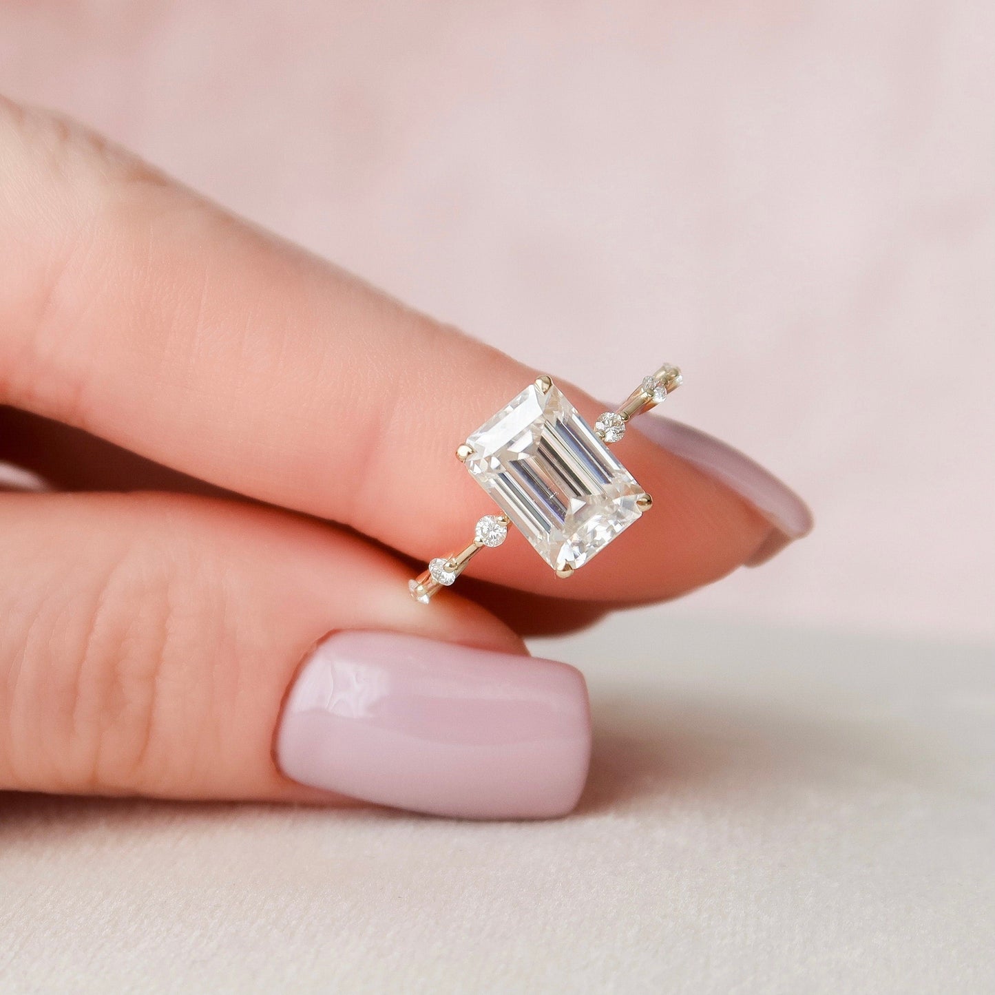 3.0 CT Emerald Cut Dainty Style Pave Moissanite Engagement Ring