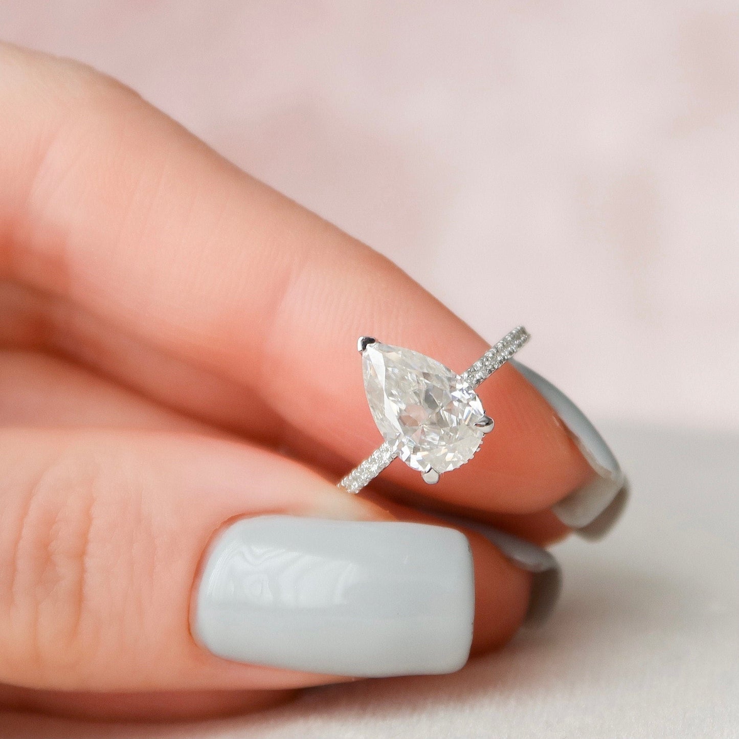 2.0 CT Pear Cut Pave & Hidden Halo Style Moissanite Engagement Ring