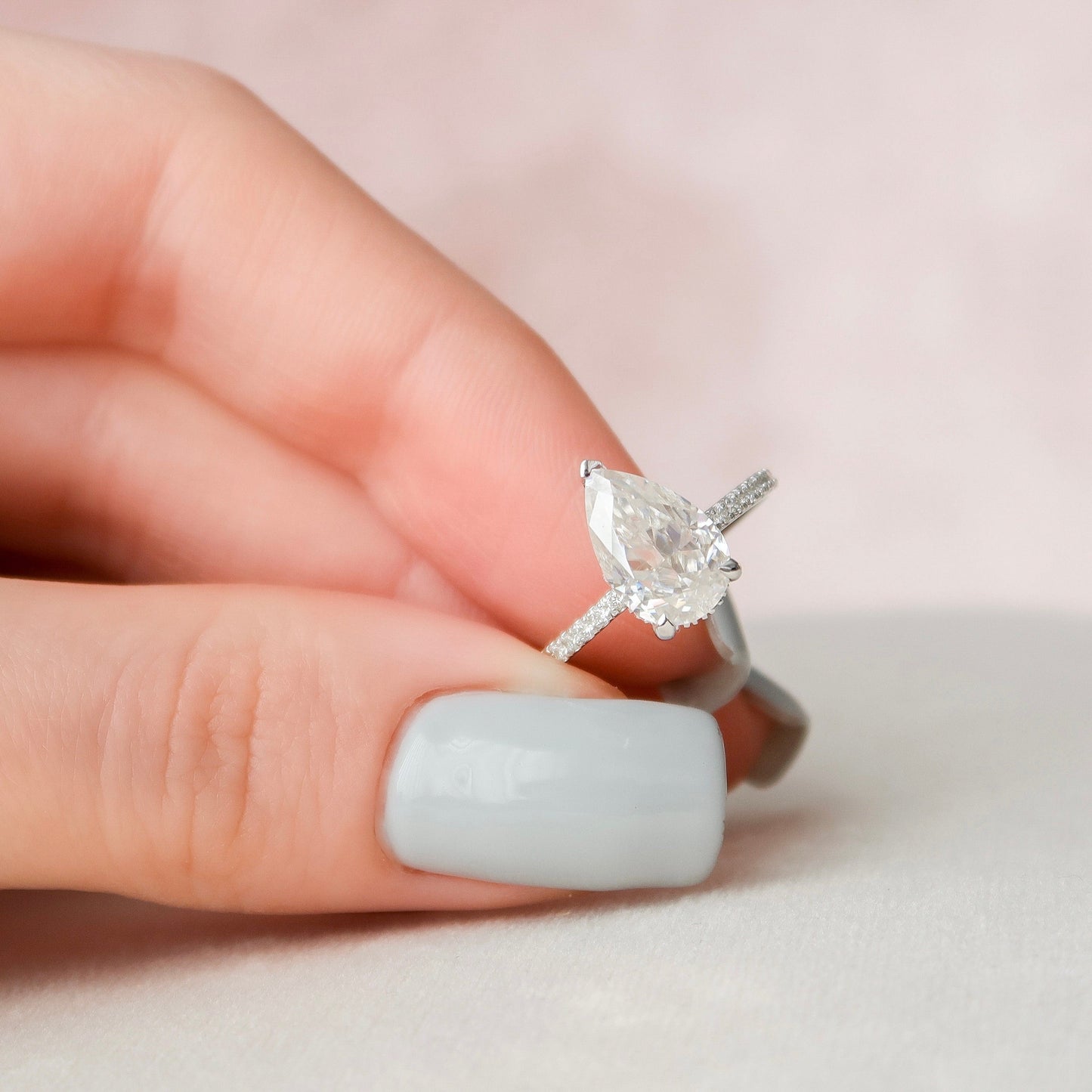 2.0 CT Pear Cut Pave & Hidden Halo Style Moissanite Engagement Ring