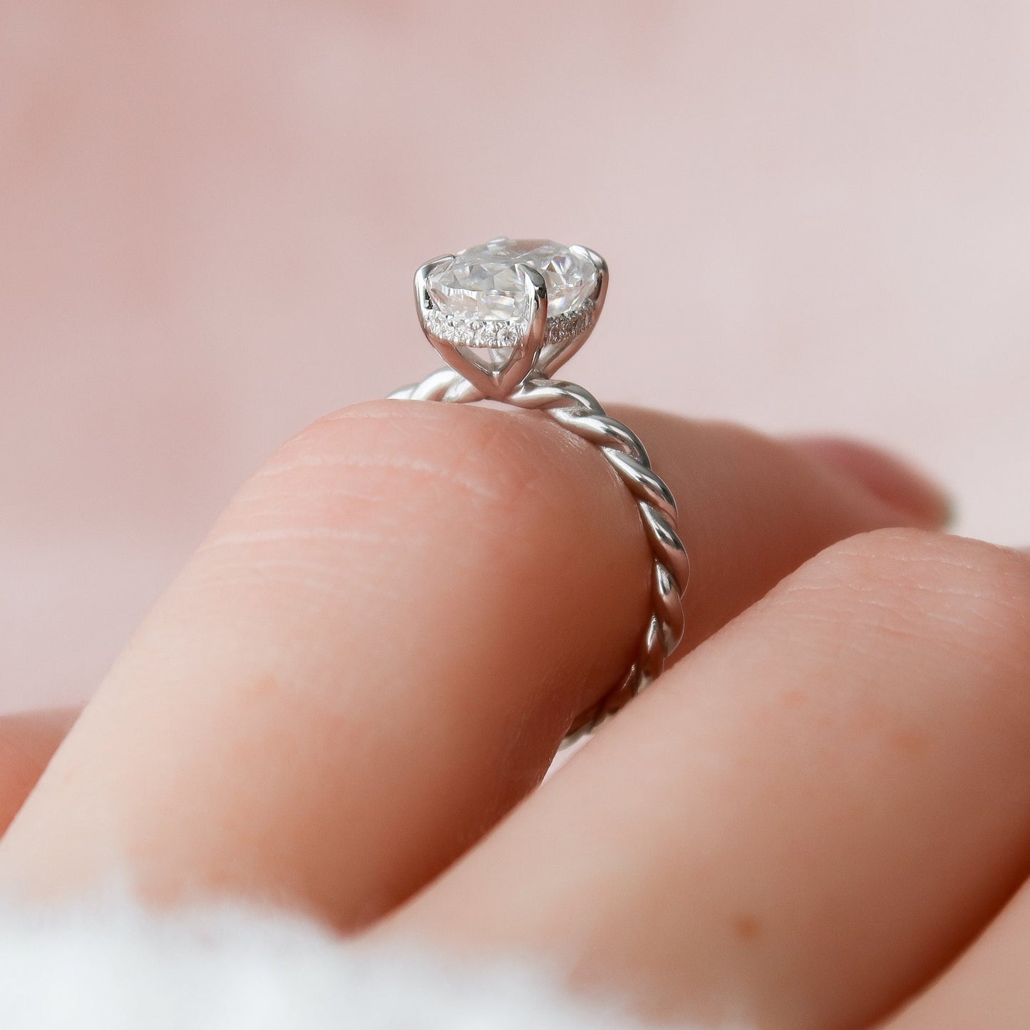 2.0 CT Oval Twisted Band & Hidden Halo Moissanite Engagement Ring