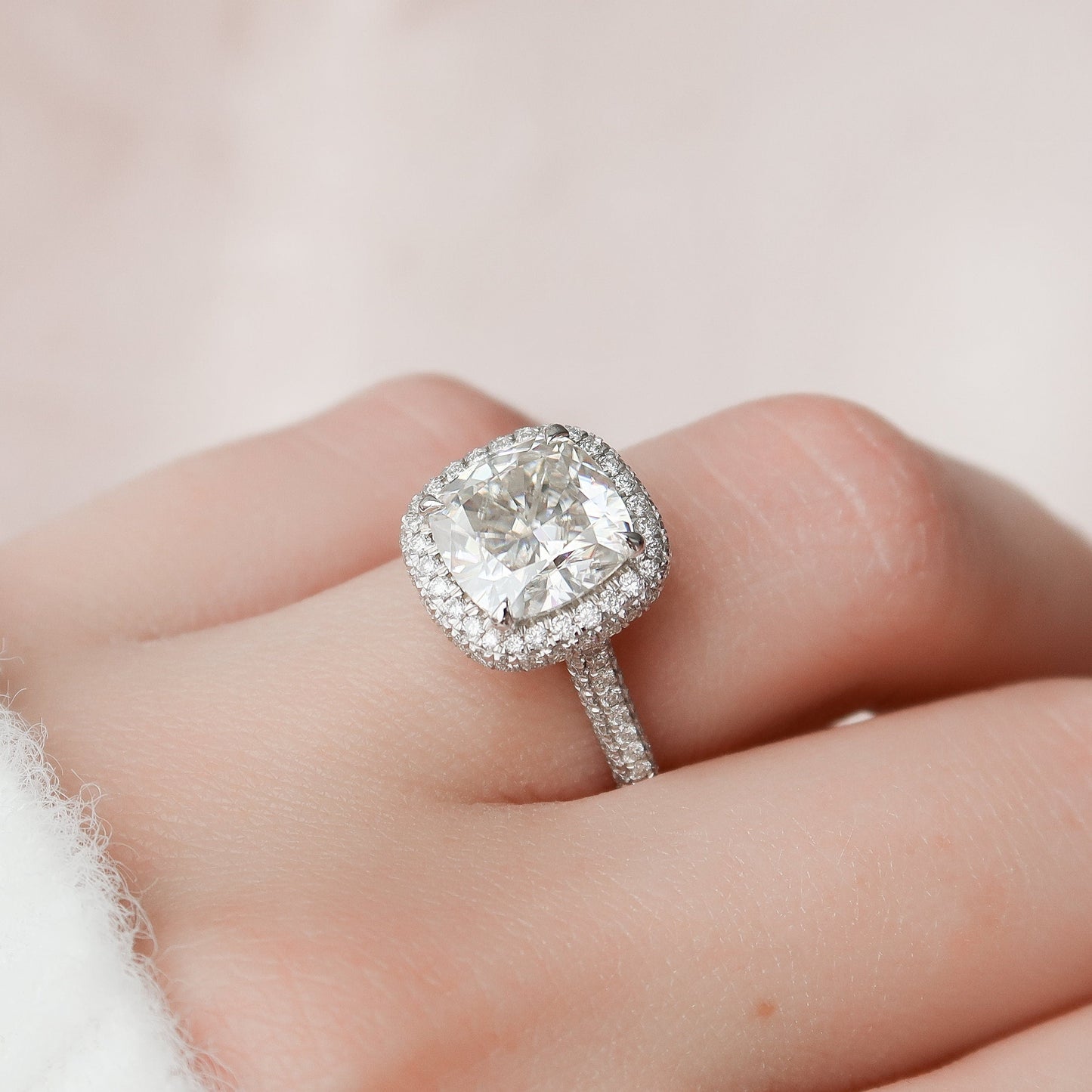 4.0 CT Cushion Halo Pave Moissanite Engagement Ring