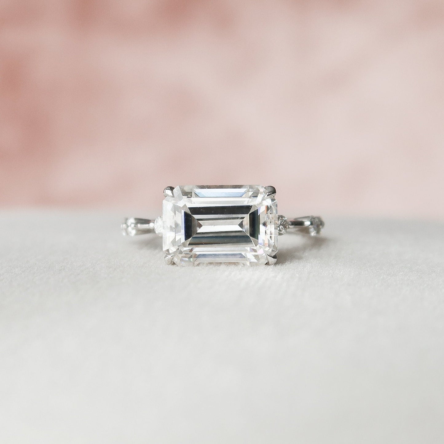 3.0 CT Emerald Cut Solitaire & Dainty Pave Moissanite Engagement Ring