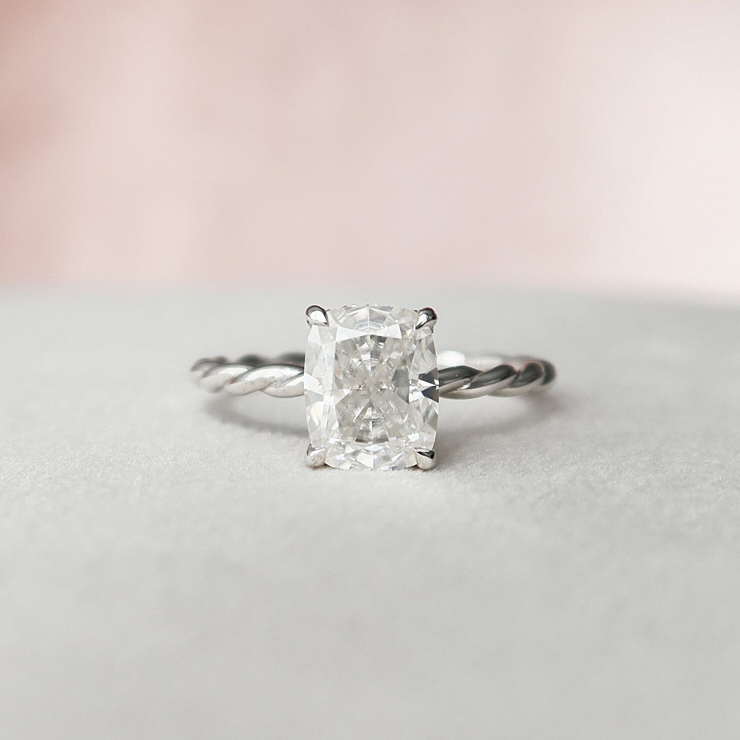 2.0 CT Cushion Twisted Band & Hidden Halo Moissanite Engagement Ring