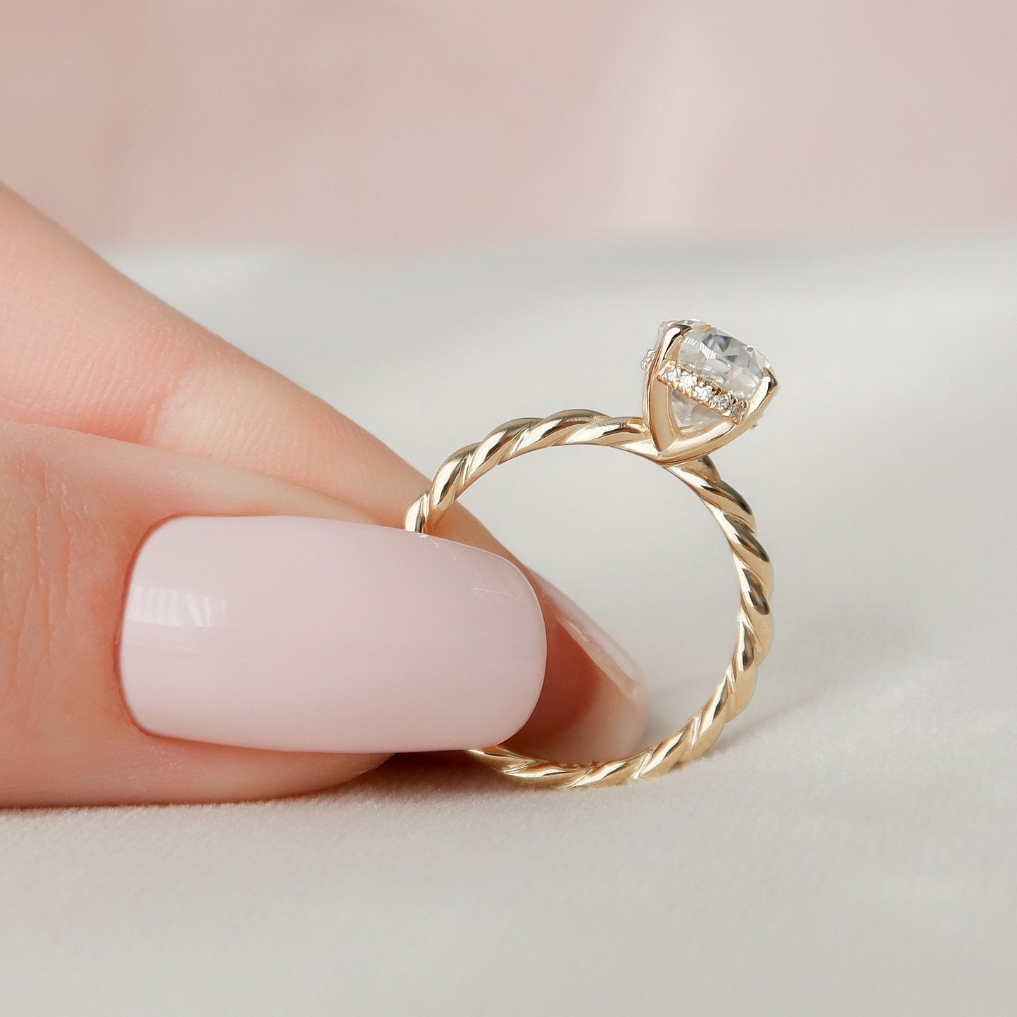 2.0 CT Oval Twisted Band & Hidden Halo Moissanite Engagement Ring