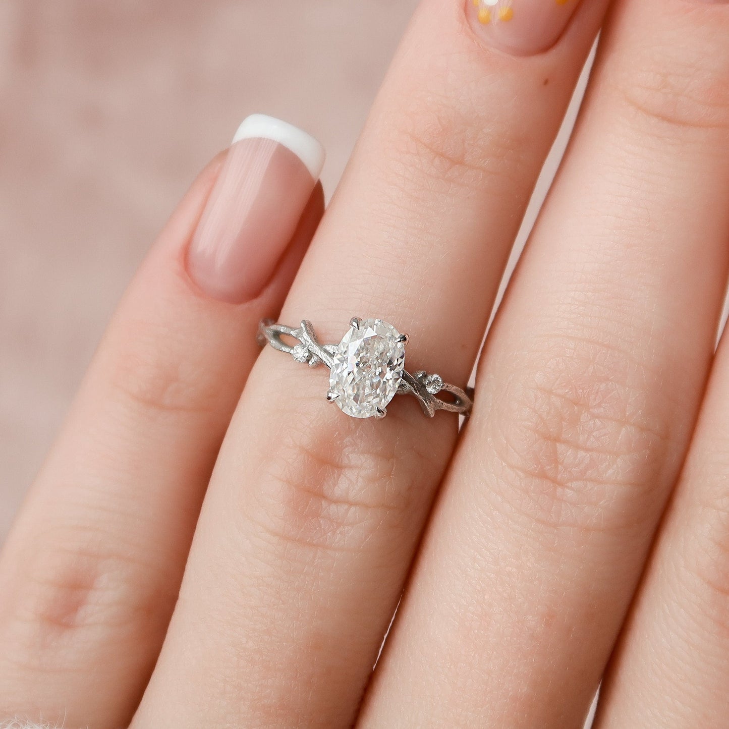 1.0 CT Oval Cut Solitaire & Twig Pave Moissanite Engagement Ring