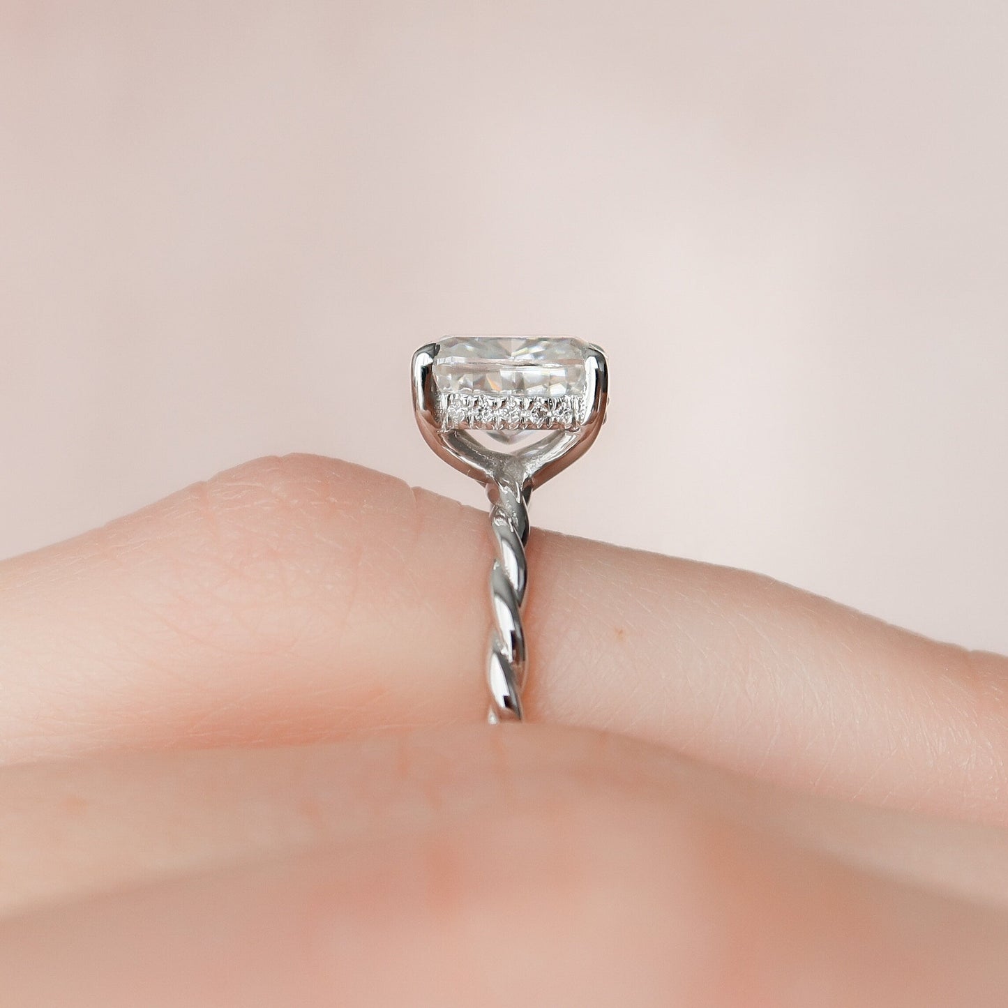 2.0 CT Cushion Twisted Band & Hidden Halo Moissanite Engagement Ring