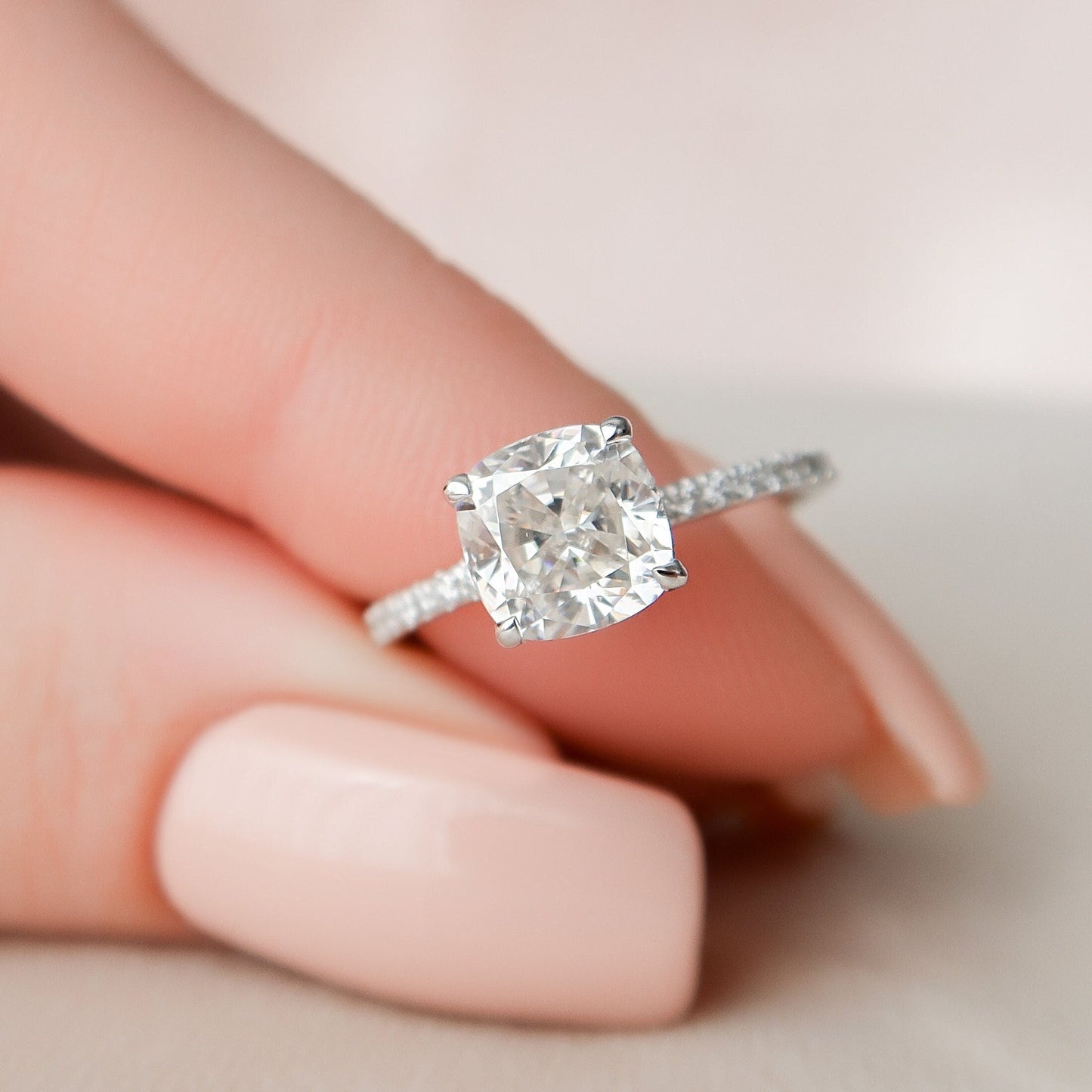 1.5 CT Cushion Hidden Halo & Pave Setting Moissanite Engagement Ring