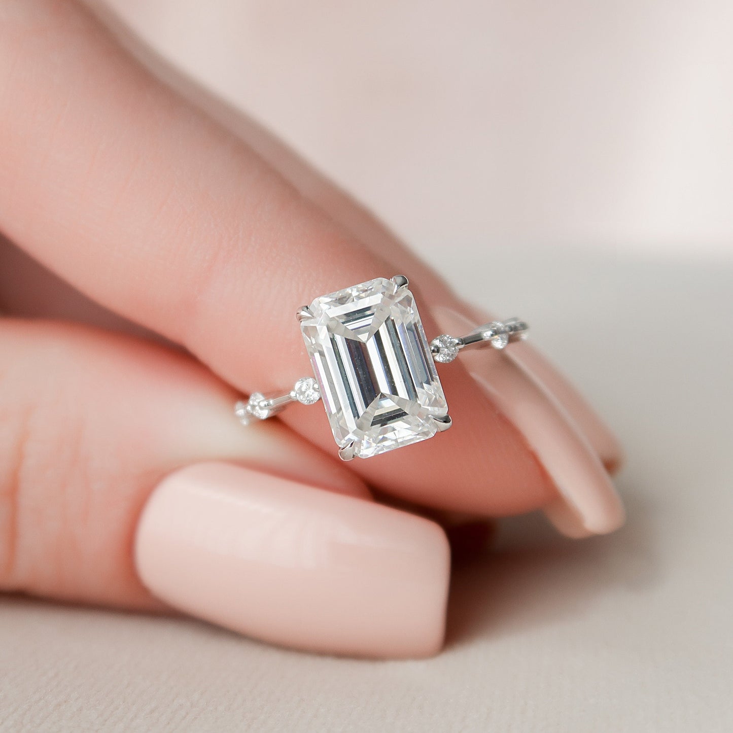 3.0 CT Emerald Cut Dainty Style Pave Moissanite Engagement Ring