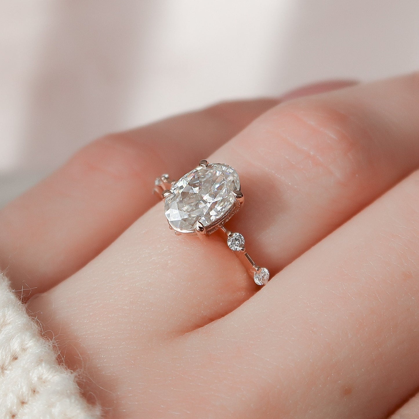 1.5 CT Oval Cut Dainty Pave & Solitaire Moissanite Engagement Ring