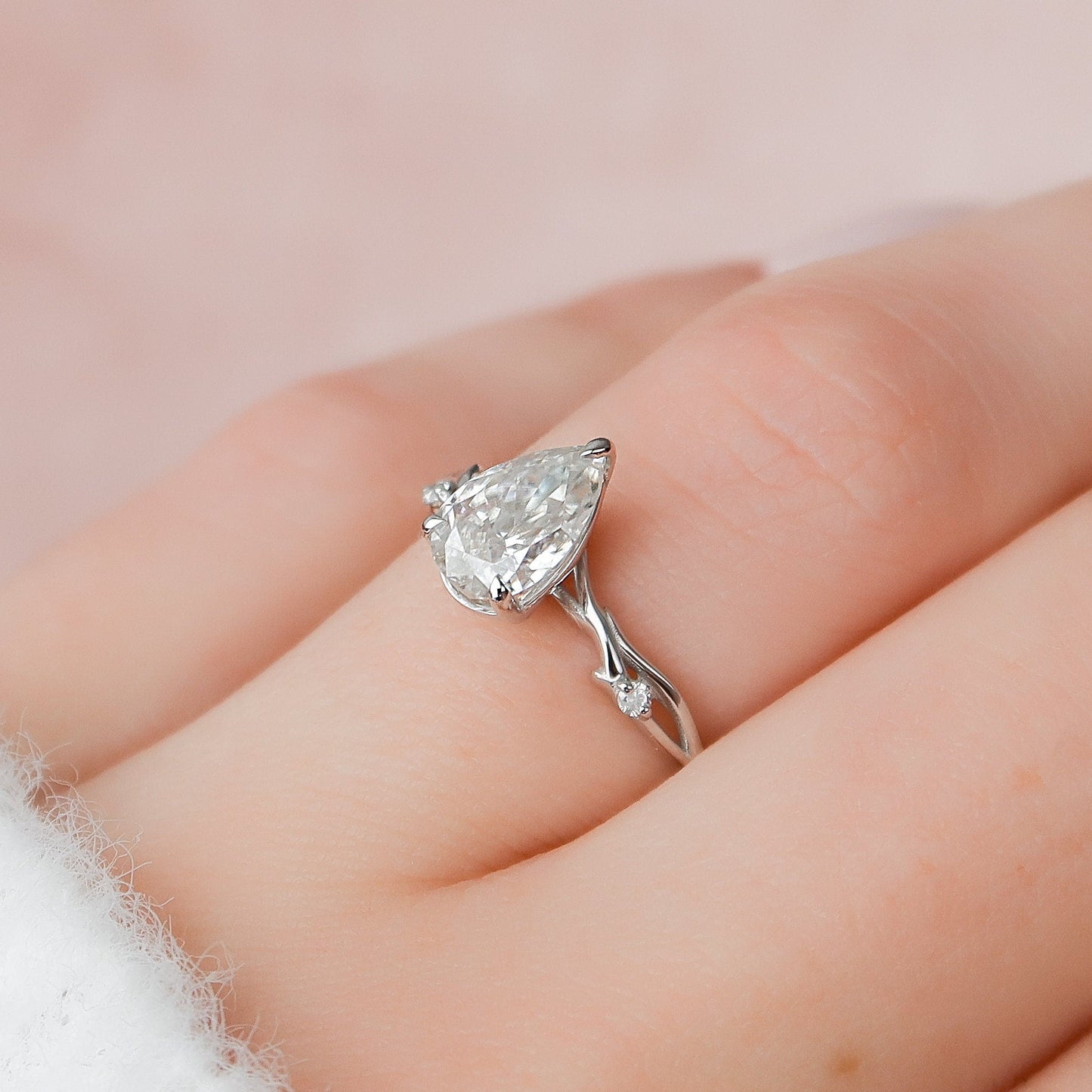 1.0 CT Pear Cut Twig Pave Setting Moissanite Engagement Ring