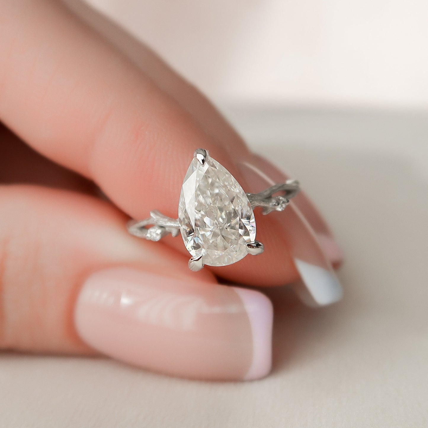 2.0 CT Pear Cut Twig Pave Style Moissanite Engagement Ring