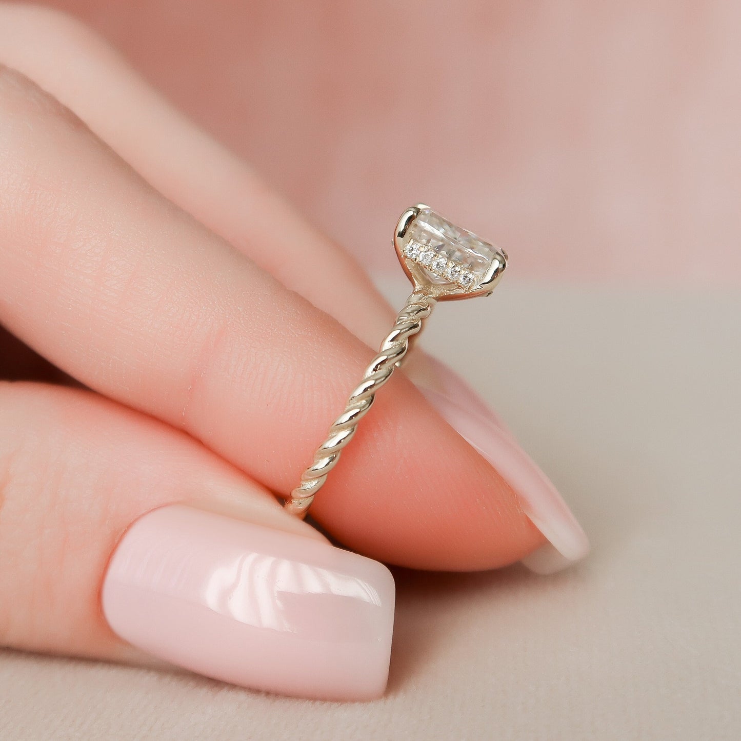 2.0 CT Cushion Twisted Band & Hidden Halo Moissanite Engagement Ring