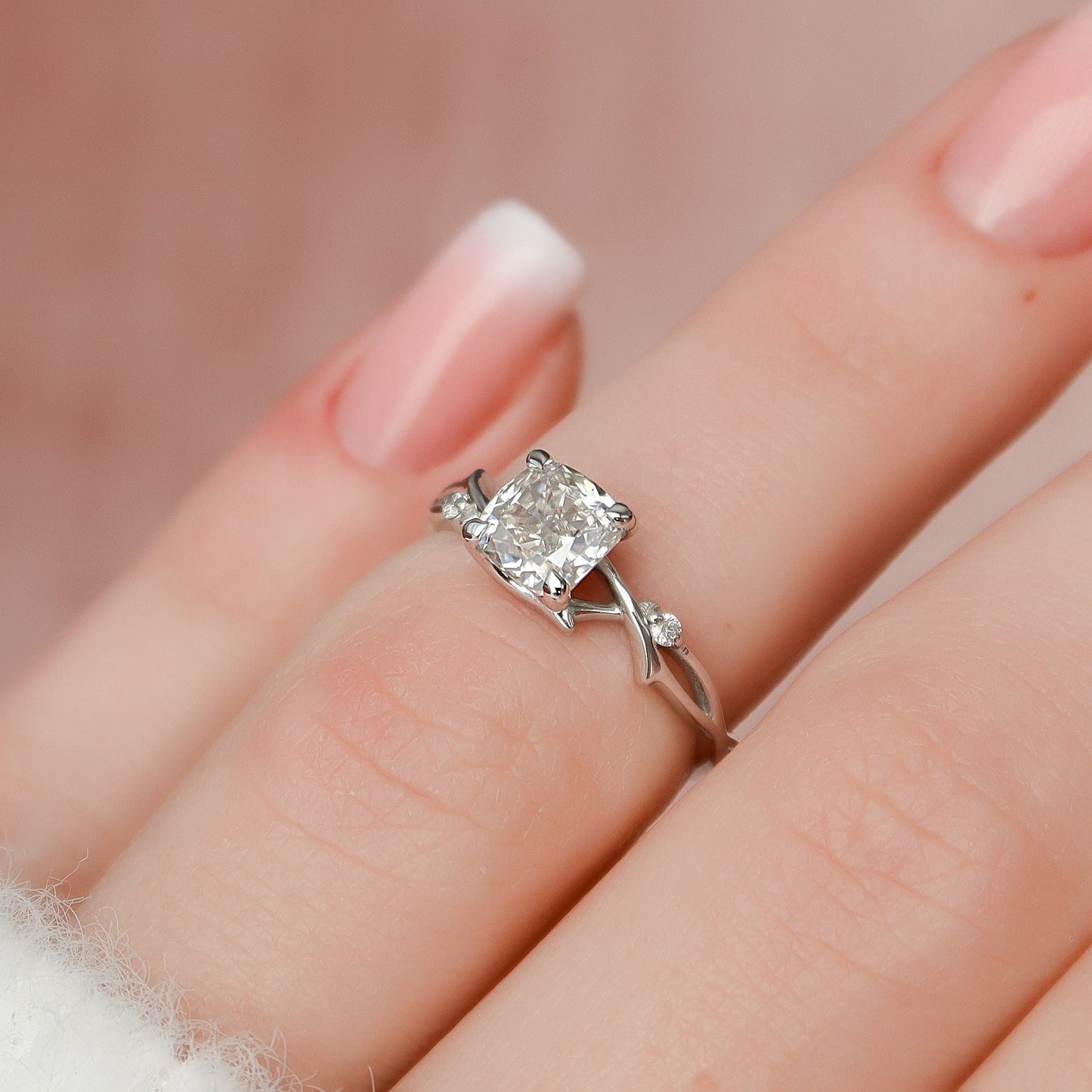 1.0 CT Cushion Solitaire & Twig Setting Moissanite Engagement Ring