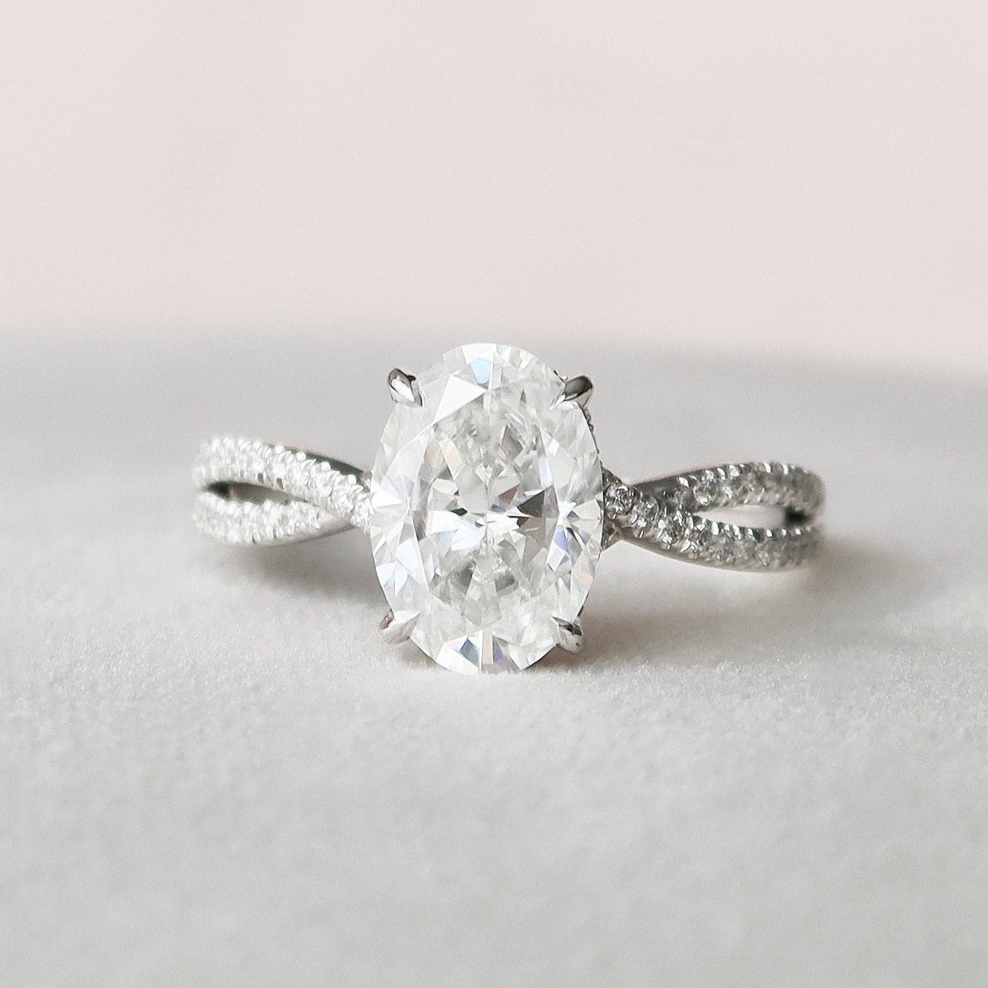 3.0 CT Oval Cut Solitaire & Cross Over Pave Moissanite Engagement Ring