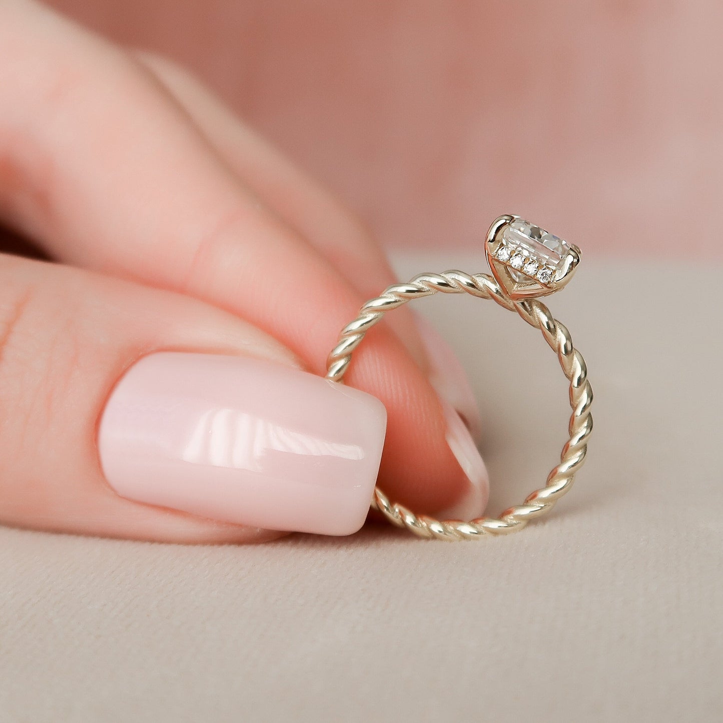 2.0 CT Cushion Twisted Band & Hidden Halo Moissanite Engagement Ring