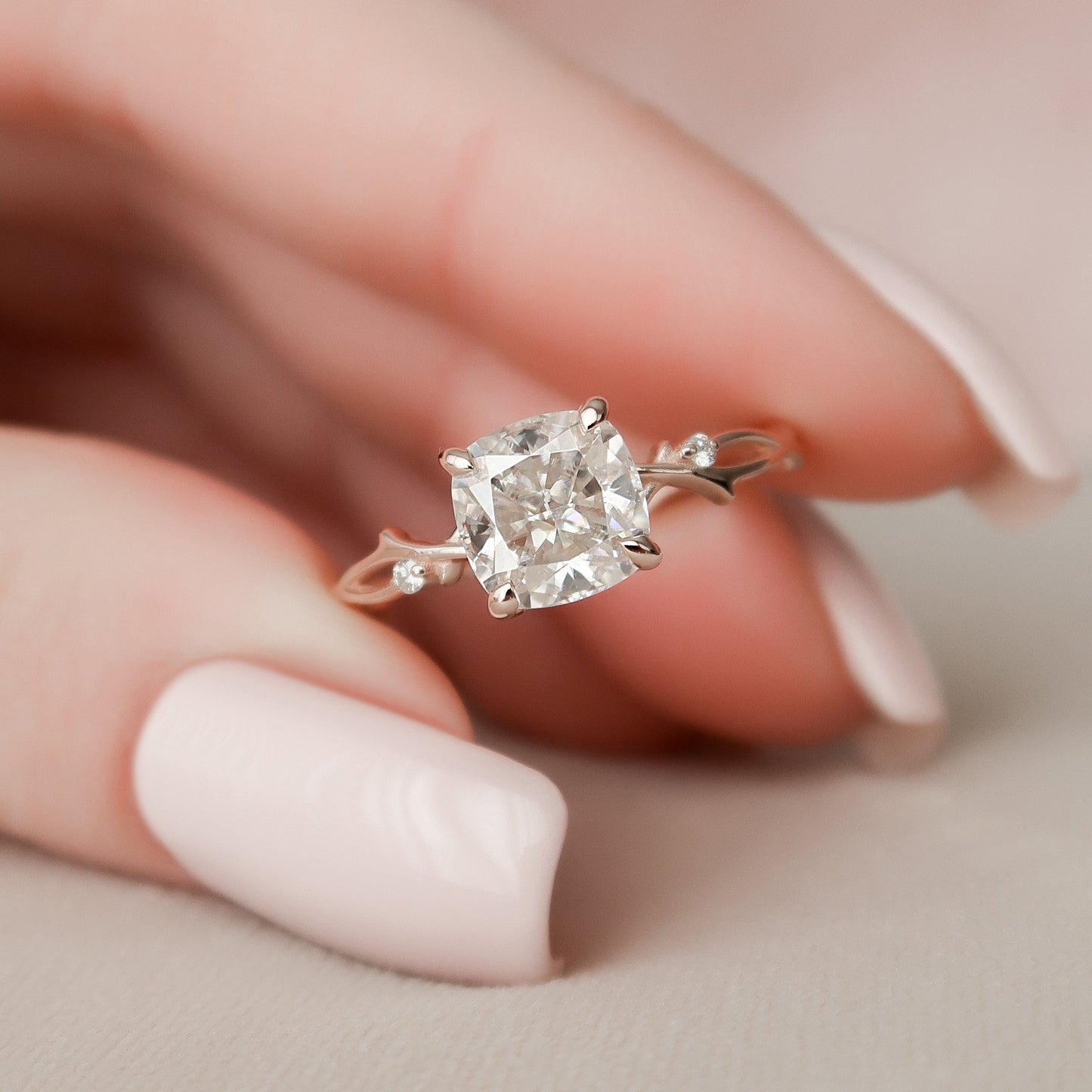 2.0 CT Cushion Twig Style Moissanite Engagement Ring