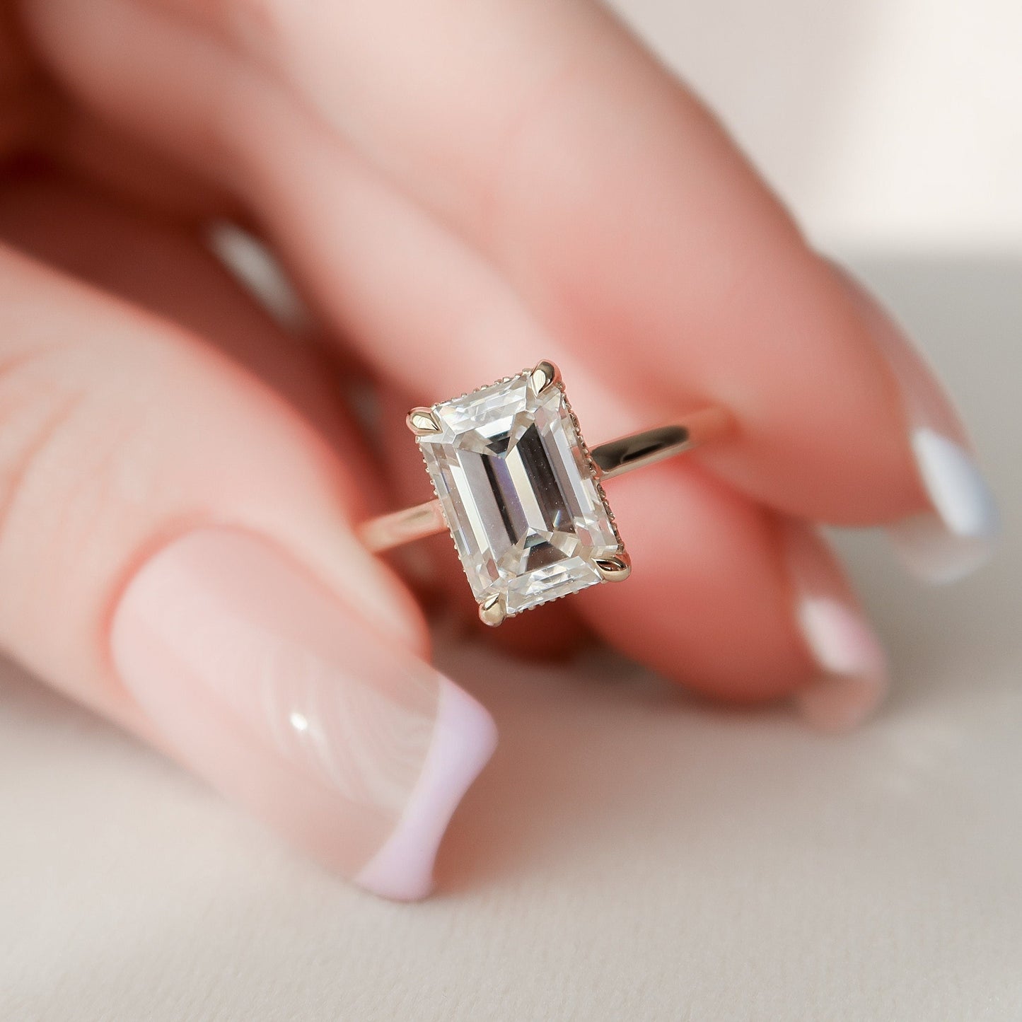 3.0 CT Emerald Cut Solitaire & Hidden Halo Moissanite Engagement Ring