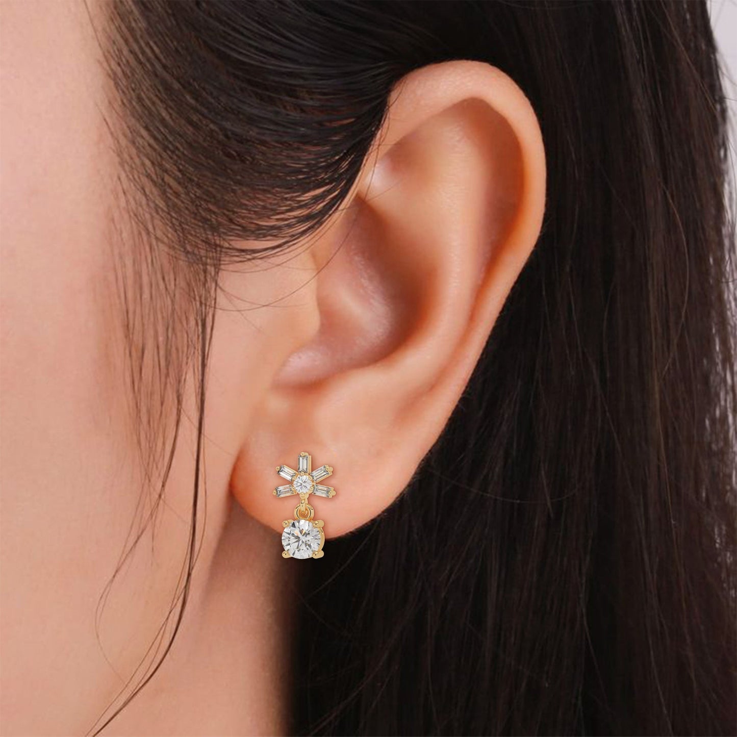 1 TCW Round & Baguette Cut Moissanite Huggies Earrings