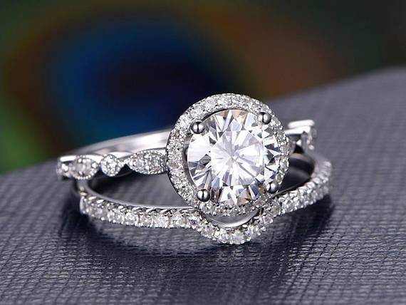 1.5 CT Round Cut Halo Pave Setting Moissanite Bridal Ring Set