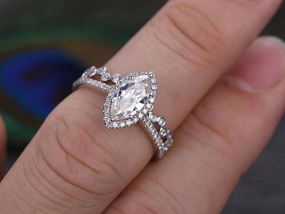 1.0 CT Marquise Cut Halo Moissanite Bridal Ring Set