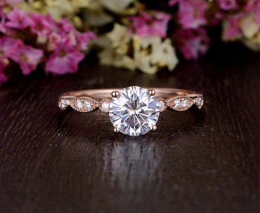 1.35 CT Round Cut Solitaire Milgrain Pave Setting Moissanite Engagement Ring