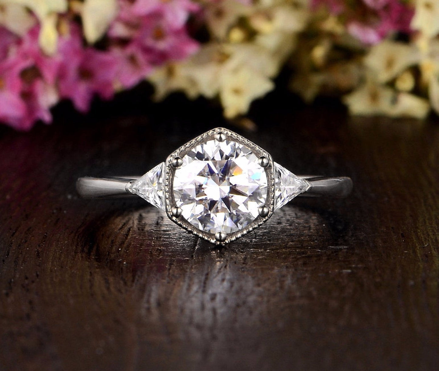 1.60 CT Round Cut Three Stone Moissanite Engagement Ring