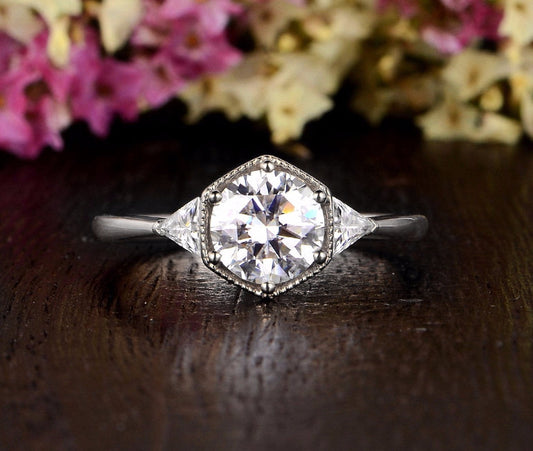 1.60 CT Round Cut Three Stone Moissanite Engagement Ring