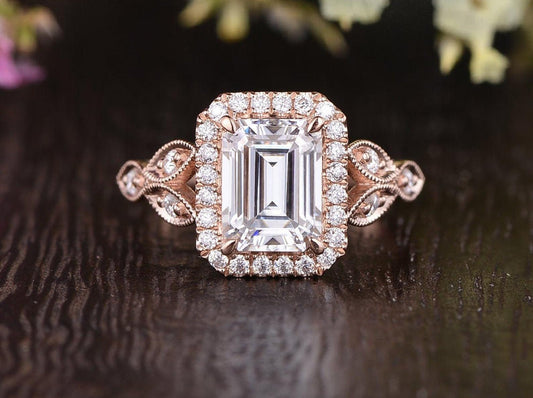 1.0 CT Emerald Cut Halo Moissanite Engagement Ring