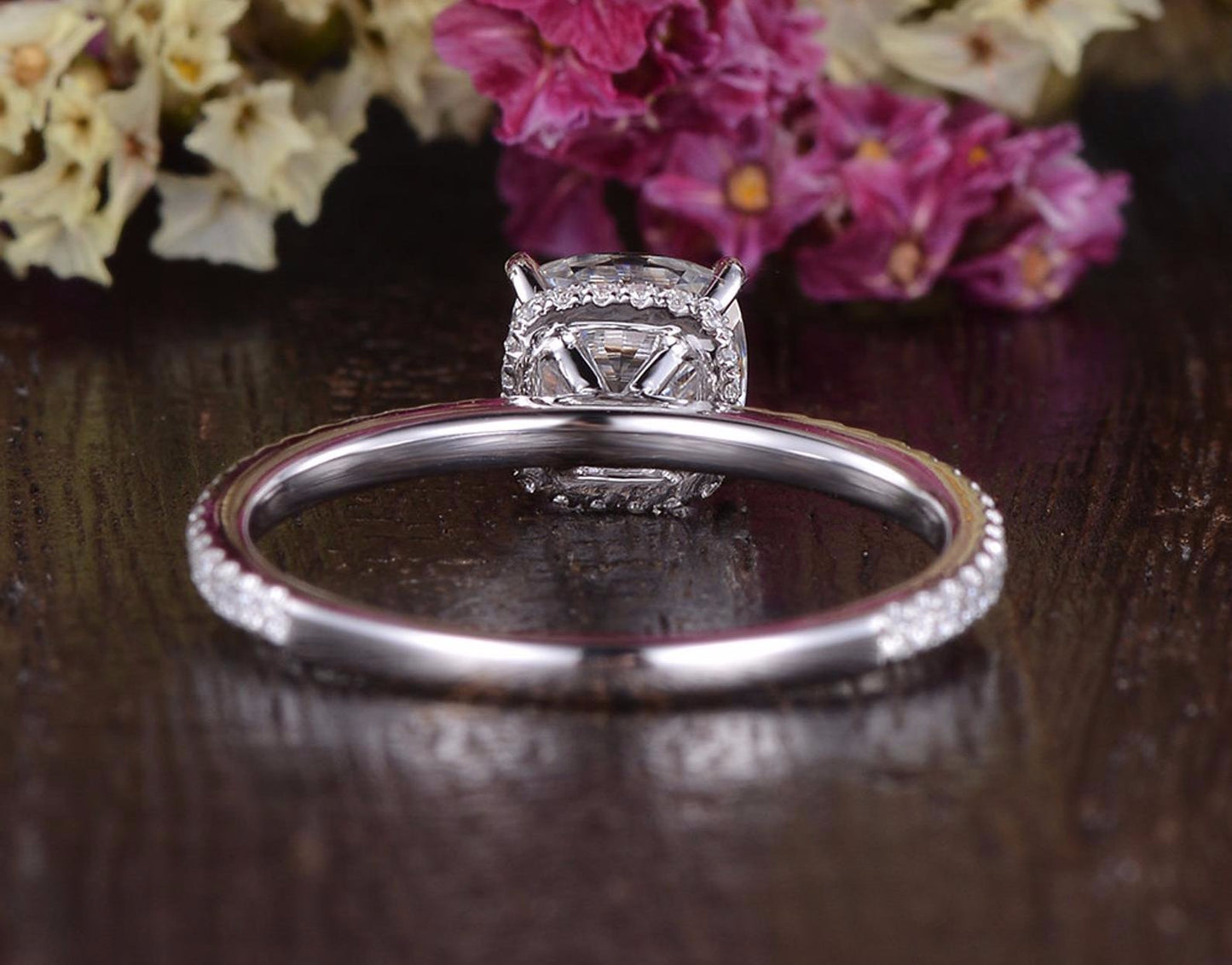 0.75 CT Cushion Hidden Halo Pave Moissanite Engagement Ring