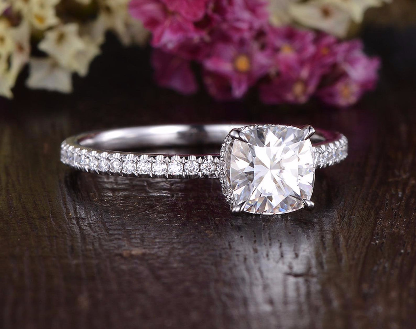 0.75 CT Cushion Hidden Halo Pave Moissanite Engagement Ring