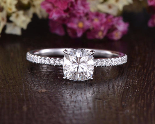 0.75 CT Cushion Hidden Halo Pave Moissanite Engagement Ring