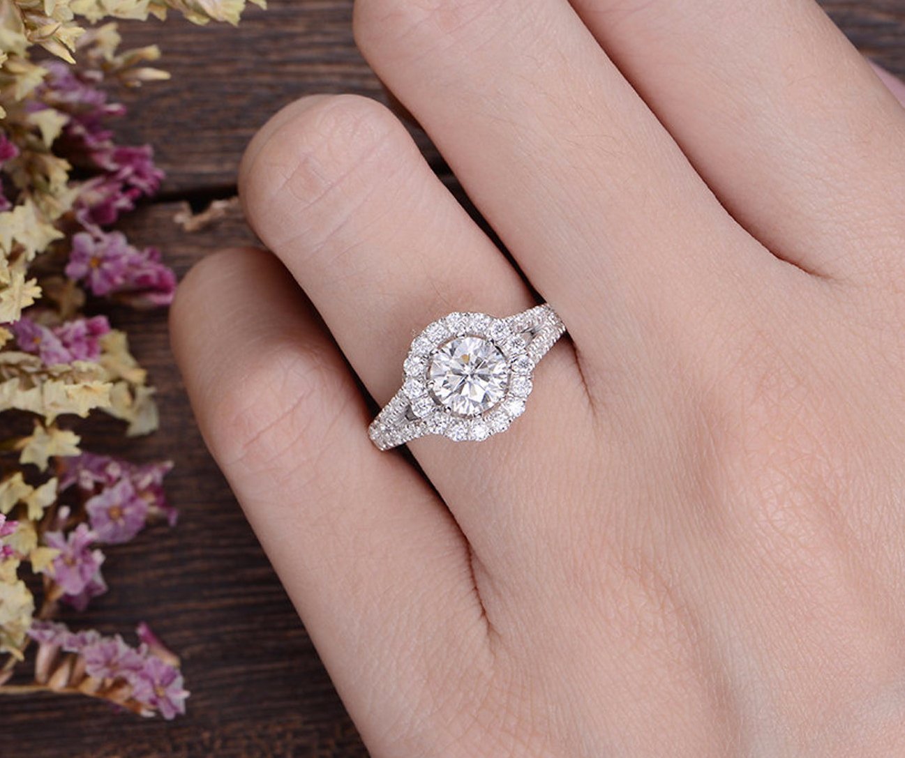 1.60 CT Round Cut Halo Split Shank Setting Moissanite Engagement Ring