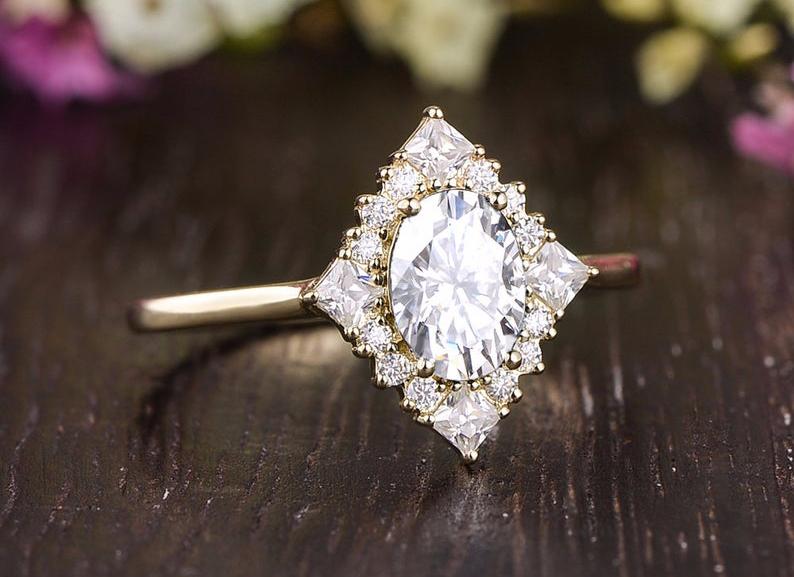 0.75 CT Oval Cluster Halo Moissanite Engagement Ring