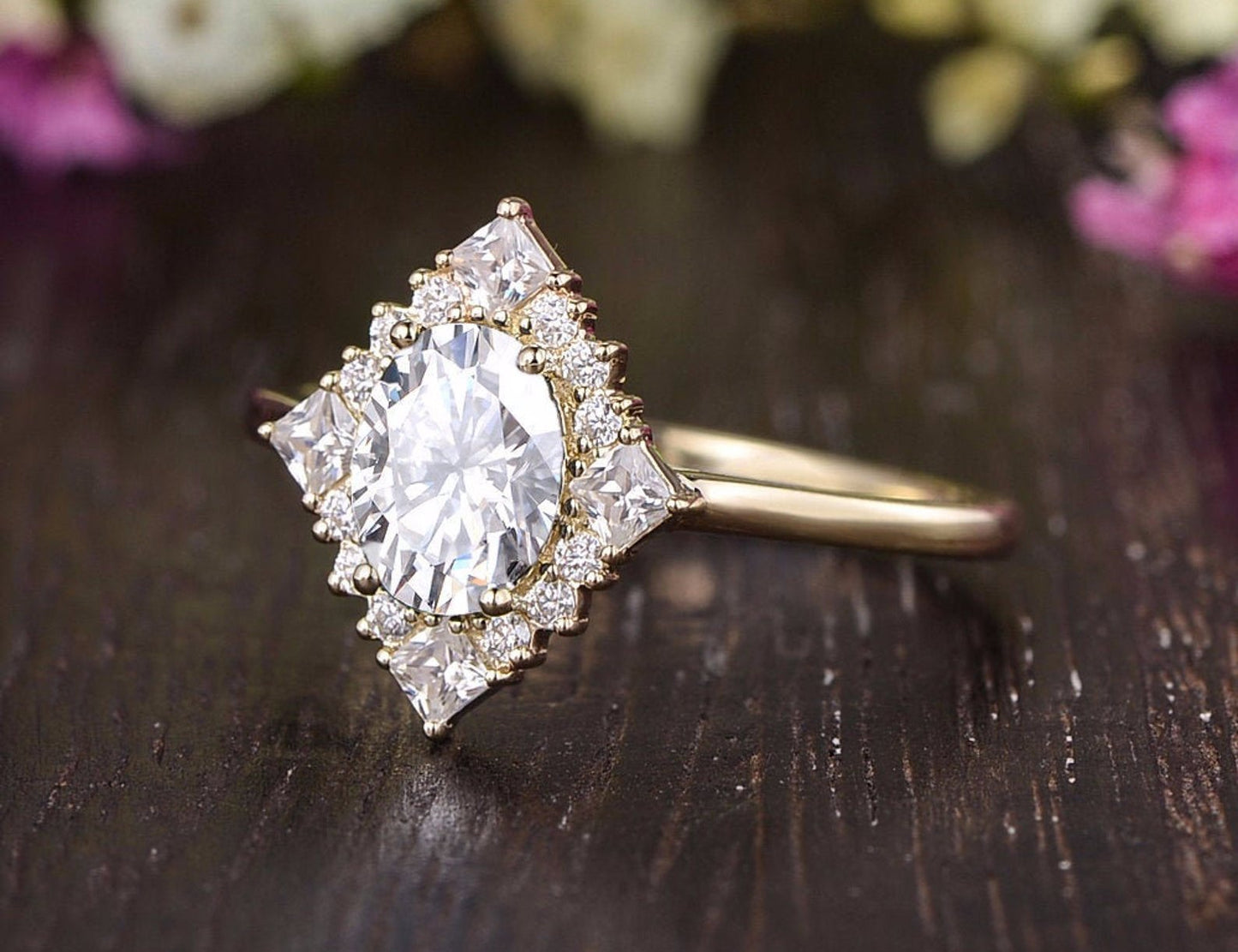 0.75 CT Oval Cluster Halo Moissanite Engagement Ring