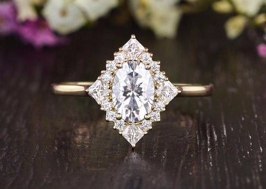 0.75 CT Oval Cluster Halo Moissanite Engagement Ring