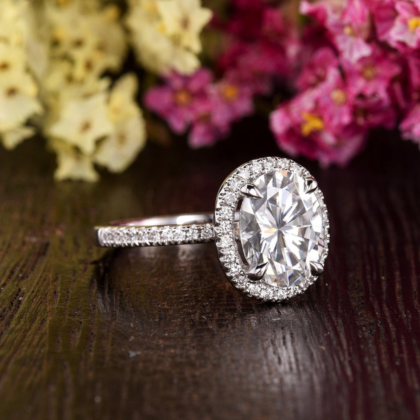 1.32 CT Oval Cut Halo Moissanite Engagement Ring