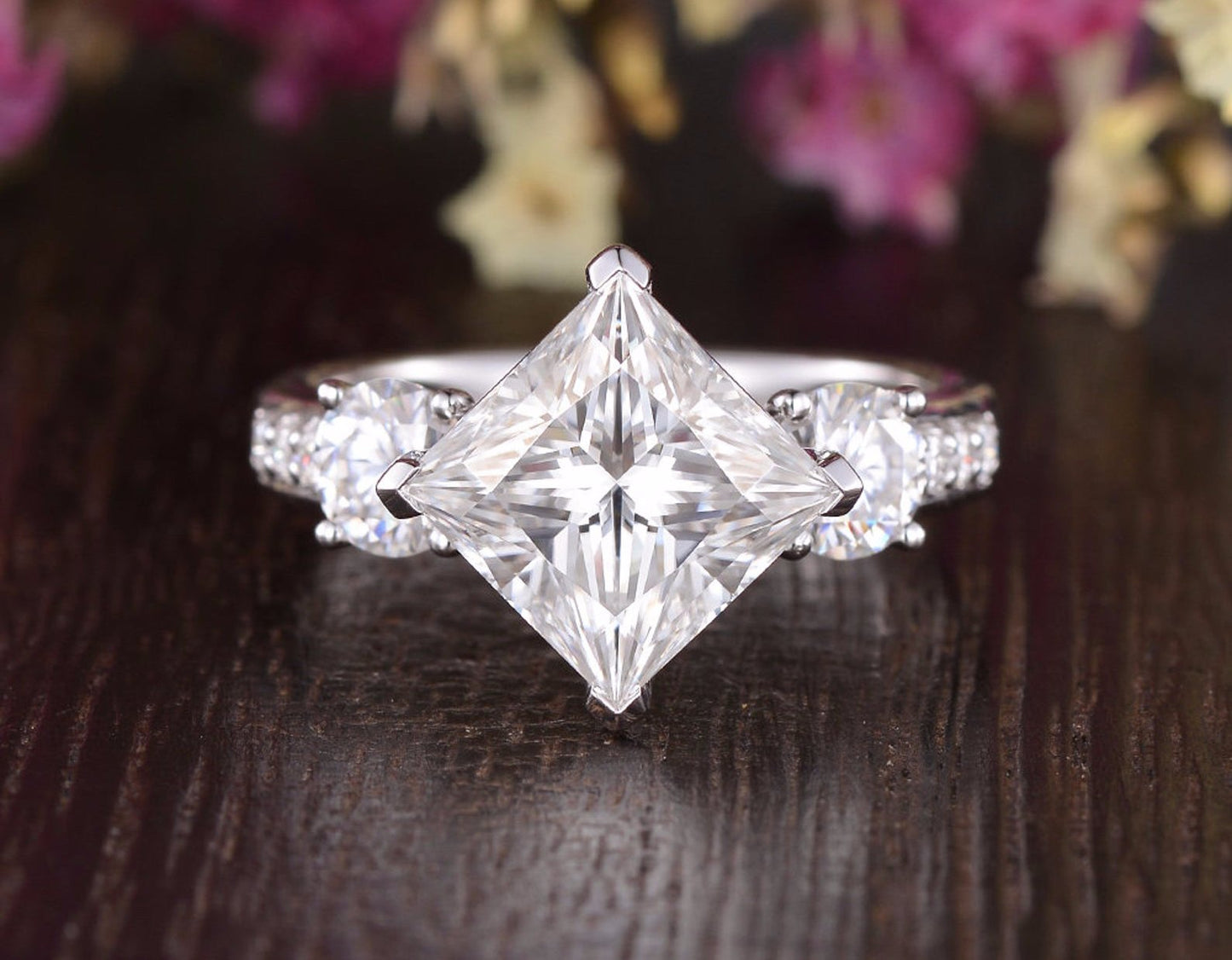 2.08 CT Princess Cut Three Stone Moissanite Engagement Ring